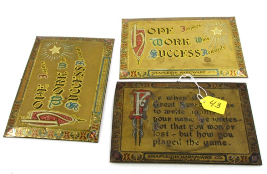 Shapleigh; metal plaques; “Hope work success” & For when the one great scorer comes ---