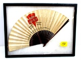 KK; framed; fold out hand fan with large logo; other side has floral design.