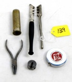 LOT: KK; tire gauge; glass cutters; 3’ tape; round nose pliers; hatchet gauge