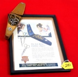 KK; 3 pair of scissors in leather case; with framed advertising to go with it; real nice piece