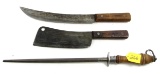 LOT: Shap. meat cleaver; butcher knife & knife steel