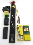 LOT: KK; scissors; shears in box; razor strop; Shap. shaving cream;