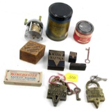 LOT: Simmons; fishing reel in can No. S-100; small can of Shap. screen enamel; wood Shap. paper weig