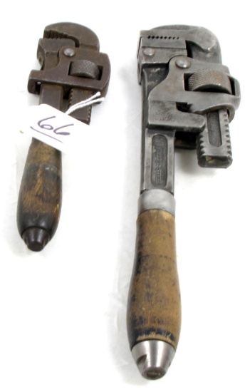 Lot Of Win. 2 Wood Handle Pipe Wrench's, 10in. 6in,