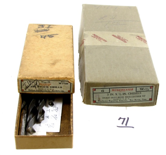 Lot Of Win. 2, Cardboard Box's,3in. X ½" Chisels Empty, Bit Stock Drills No. W109 12/32with 3 Differ