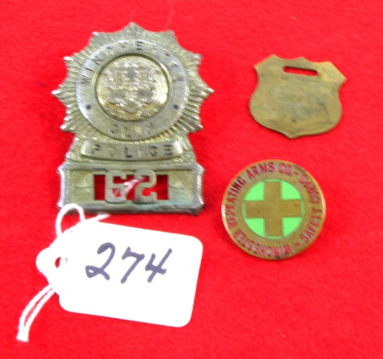 Lot Of Win. Olin Police Badge, Win, Firearms Inspector Tag