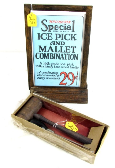 Win. Ice Pick & Mallet In Box, With,oak Stand & Frame For, Win. Adv. Piece 11" X 7" Side - 1, Specia