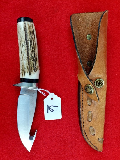 Buck High Crafted Hunting Knife W/stag +blade Onyx Pcs/high Quality S/s With Leather Sheath