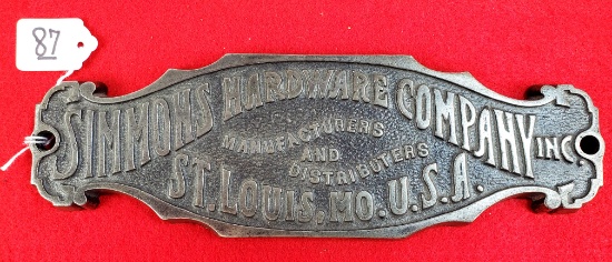 Simmons Hardware Co. Heavy Metal Name Plate (beautiful Condition)