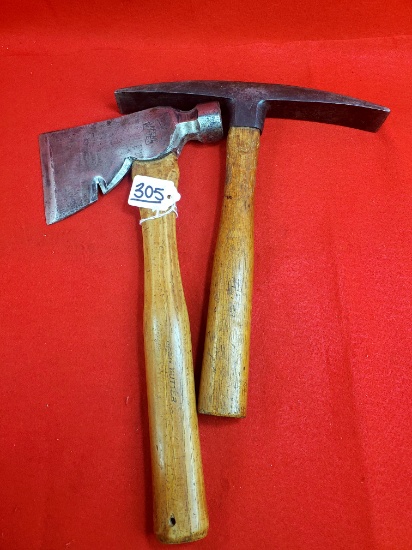 Lot Of 2; Kk Brick Layers Skutch W/name On Handle; Ec Simmons Kk Shingling Hatchet W/original Handle