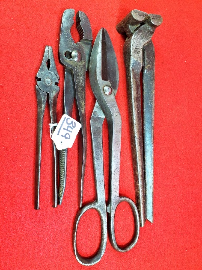 Lot Of 4 Kk Tinner's Snips; Kk Wire Cutter Pliers; Winchester Gas Pipe Battery Pliers; Ec Simmons Kk