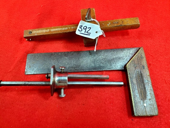Lot Of 3 Ec Simmons Tri And Miter Square Wood Handle; Kk Marking Gauge