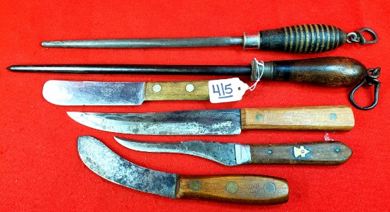 Lot Of 6 Keen Kutter Butcher Knives (4) And 2 Sharpening Steels