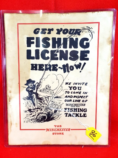S086: 1920's The Winchester Store Fishing License Window Sign