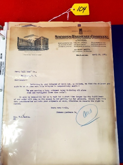 S104: Lot Of Misc Simmons Hardware Keen Kutter Ec Simmons Invoices, Telegrams, Envelopes