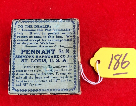 S186: Ec Simmons Klicker Pocket Watch Pennant Box