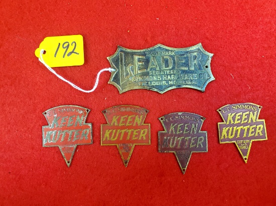 S192: Lot Of 5, Simmons Hardware Co Tag-leader, 4 Ec Simmons Keen Kutter Brass Tags