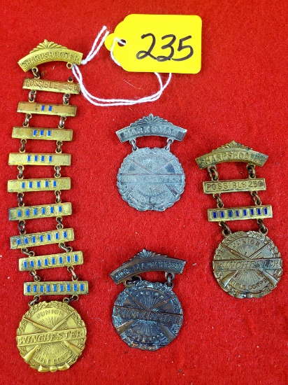 S235: Lot Of 4, Winchester Junior Rifle Corps Marksman Badge (2), Winchester Sharpshooter Medal W/2