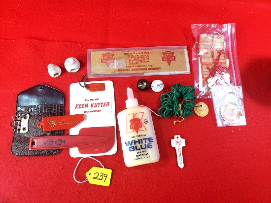 S239: Large Lot Of Various Keen Kutter, Porcelain Bottle Stopper, Mailing Tape, Business Card, Tags