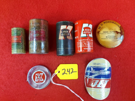 S242: Lot Of 7, Keen Kutter Batteries (4), Keen Kutter Sharpening Ad/stone, Keen Kutter Measuring T