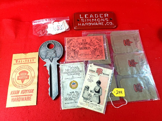 S244: Large Lot Of Keen Kutter: Paper Bags, Tags, Cook Books, Business Cards, Metal Sign-leader
