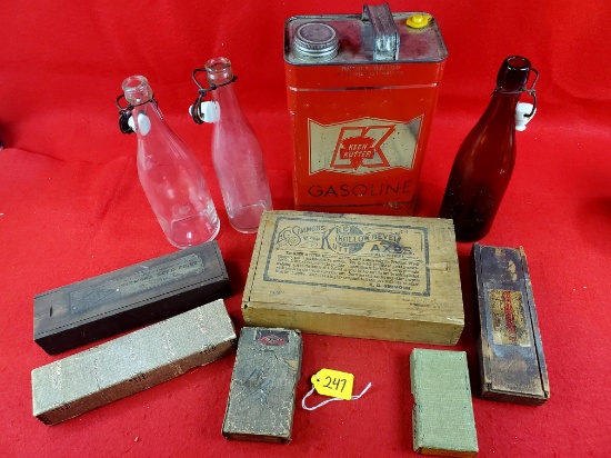 S247: Large Lot Of Keen Kutter, Shapleigh: Gas Can, Empty Boxes (some Wooden) Glass Bottles With Po