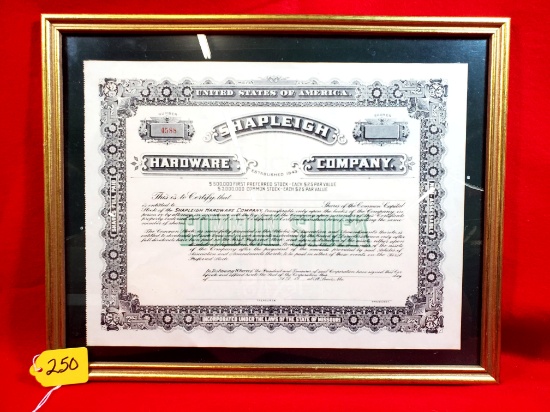 S250: Lot Of 3, Shapleigh Hardware Co Stockholder Certificate (2) Both Framed, Shapleigh Hardware C