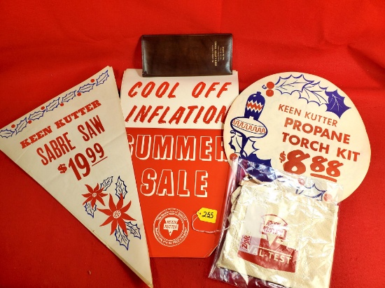 S255: Large Tote Of Misc: Keen Kutter Val-test Apron, Kk Notepad Nos, Kk Christmas Store Banner/sig