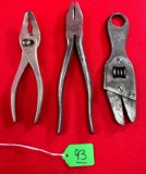 Lot Of 3; One Kk Adjustable Alligator Wrench; One Kk Side Cutting Pliers; One Kk Bent Nose Pliers