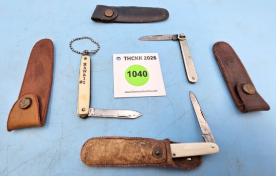 Lot of 6: Hawaii single blade knife; KK single blade stainless steel handle; KK single blade w/leath