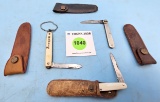 Lot of 6: Hawaii single blade knife; KK single blade stainless steel handle; KK single blade w/leath