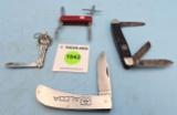 Lot of 4: KK key knife; Alcoa single blade Alcas A03; KK 3 blade K11S; Swiss Victorinox Switzerland