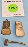Lot of 3: Simmons Keen Kutter; 1 axe shaped lapel pin with shield emblem; 1 axe head lapel pin old s