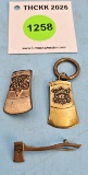 Lot of 3: Simmons Keen Kutter; 1 axe shaped lapel pin regular emblem; 1 lapel pin logo shaped; 1 old