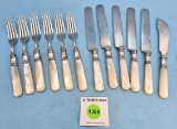 Lot of 13: Keen Kutter MOP handle silver ferrule; 6 forks; 5 knives and 1 butter spreader w/cloth ba