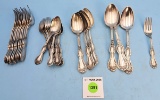 Lot of E.C. Simmons silverware; 10 forks; 8 small spoons; 5 tblspoons; 4 serving spoons; 1 fish fork