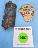 Lot of 2: bicycle badges; Simmons Hardware Simmons Banner; Simmons Hardware Banner No 320