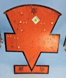 E.C. Simmons Orange scissor display counter board emblem shaped w/easel back wooden w/3 metal logos