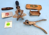 Lot of 6: KK Block Gauge, KK Belt Buckle, KK #K20 Razor Hone in Tin Box, KK Star Cutter, KK Saw Set