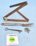Lot of 4: KK Wooden Folding Ruler; KK Skeleton Key; KK Green Logo Watch Fob; KK Table Fork