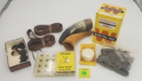 Large Lot Winchester fiber wads, patter horns, box of poly choke sights, gun slick cleaning patches,