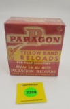 Paragon one piece 12 gauge shell box, Yellow band reloads, empty