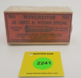 Winchester 2 piece 0.38 shell box, Smith & Wesson special, center fire smokeless cartridges, full