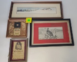Lot of 4, Ruth Panigot Painting, Winchester DuPont Quail, Winchester pin and label, Winchester adver