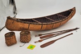 Wooden Canoe w/ woven baskets, 2 paddles, 2 fish spears