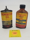 Lot of 2 Remington Oil, glass bottle paper label empty, tin bottle full