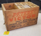 Peters Victor 12G crate with 14 boxes of Peters 12G victor shells some full some partial, 1 partial