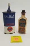 Lot of 2 Gulf oil house oil, glass bottle with paper label empty, tin can partial