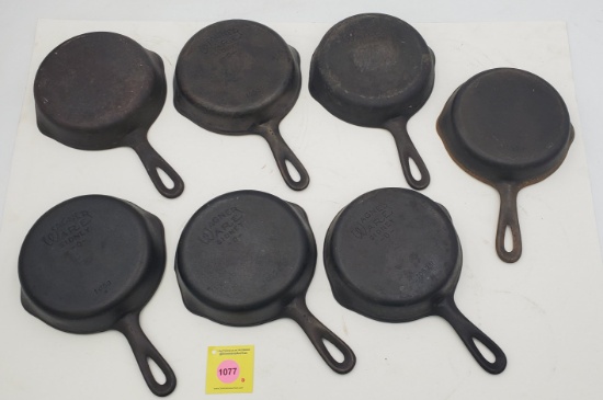 Skillets: Lot of 7: Wagner Ware, Sidney OH, all marked 3, 1053 H (2). Marked 1053 B (1). Marked 1053