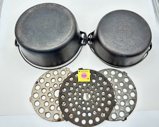 Dutch Ovens: Lot of 2: Girswold, Titi-top Dutch Oven, Erie PA., U.S.S, 8, Patent 1,333,917, 1278C wi